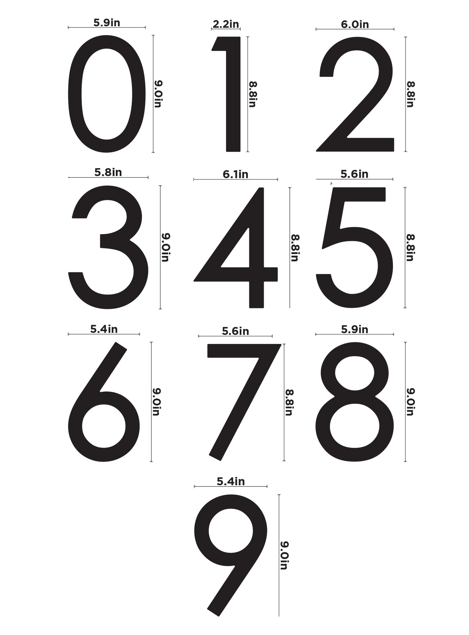 Guide des dimensions des chiffres Contemporaine noirs de 23 cm pour adresse extérieure