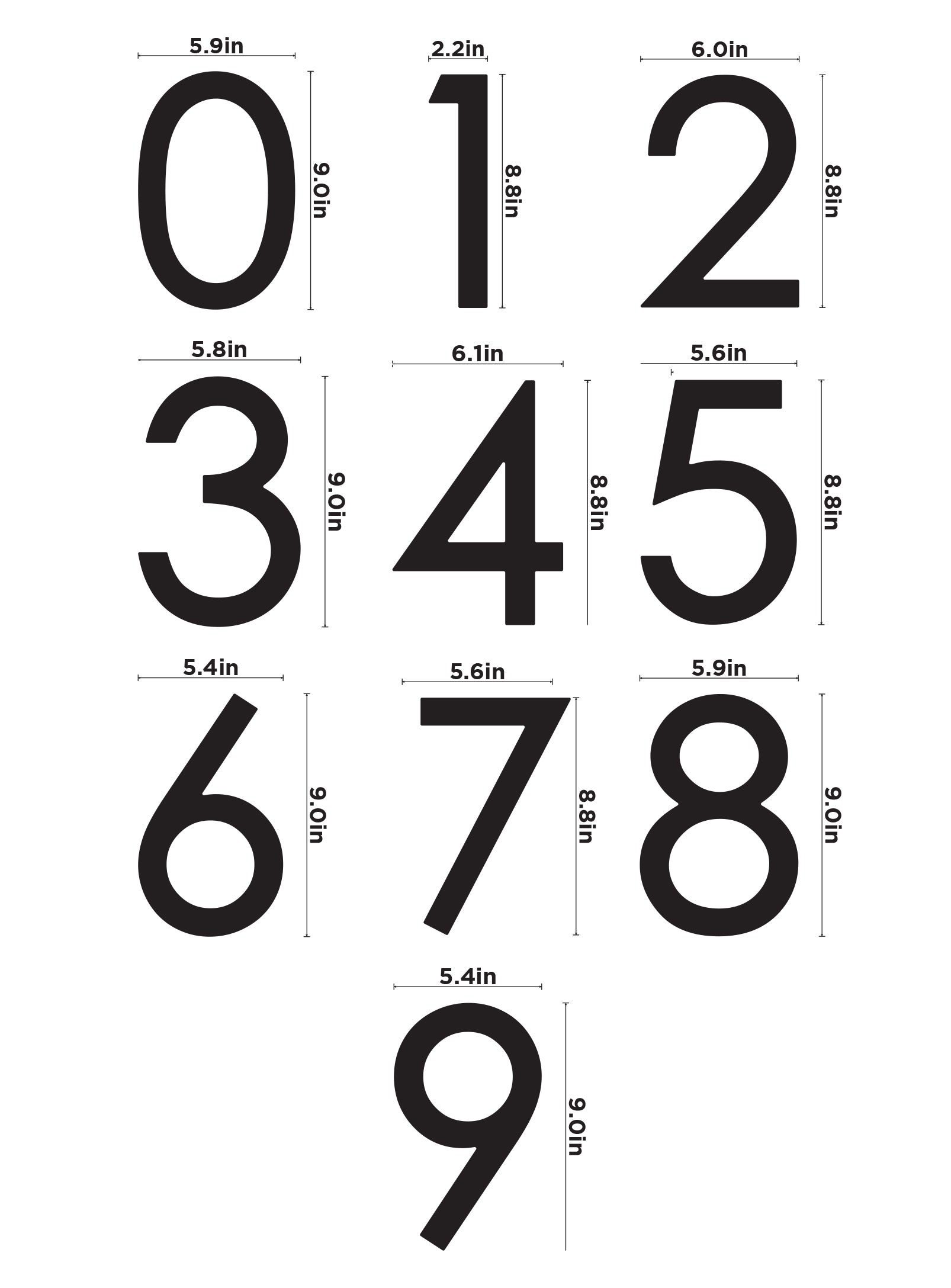 Guide des dimensions des chiffres Contemporaine noirs de 23 cm pour adresse extérieure