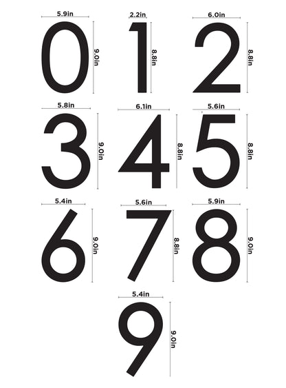 Guide des dimensions des chiffres Contemporaine noirs de 23 cm pour adresse extérieure